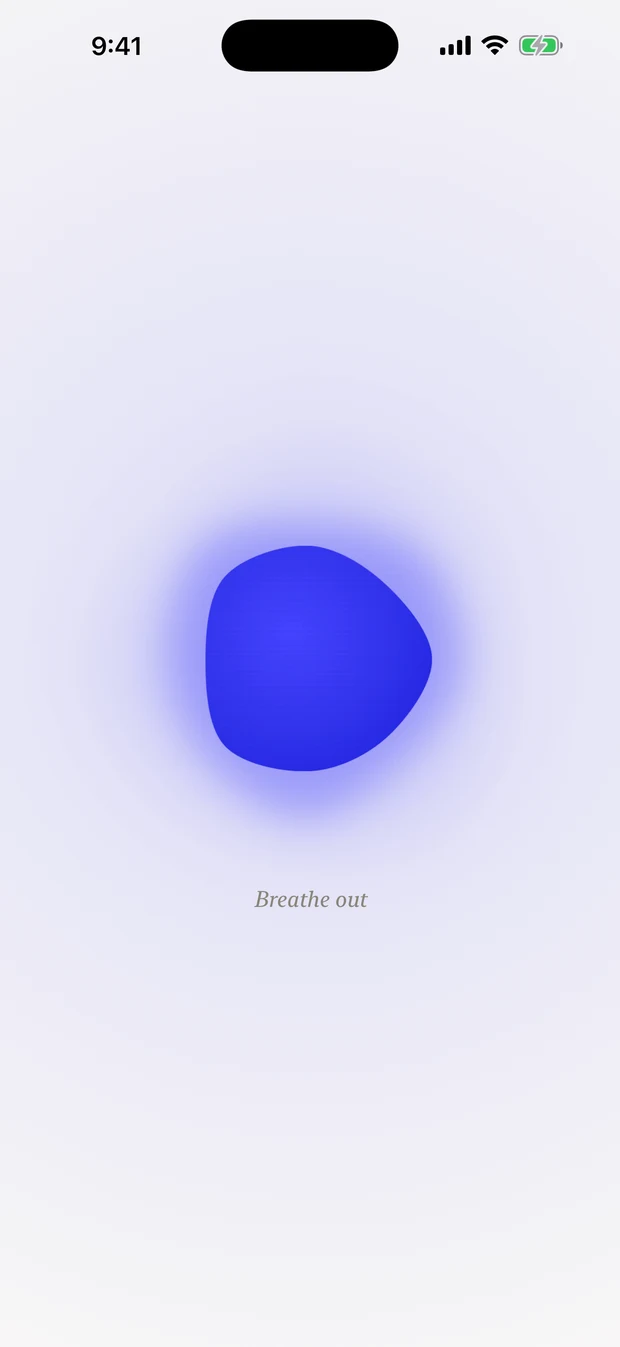 The breath: an ink-blue orb swelling with a box-breathing rhythm