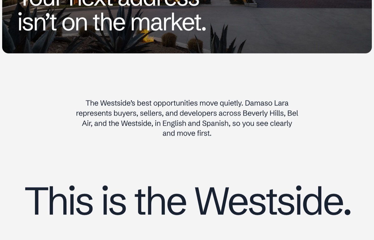 The Damaso Lara site: a modern home at dusk under the words Your next address isn't on the market