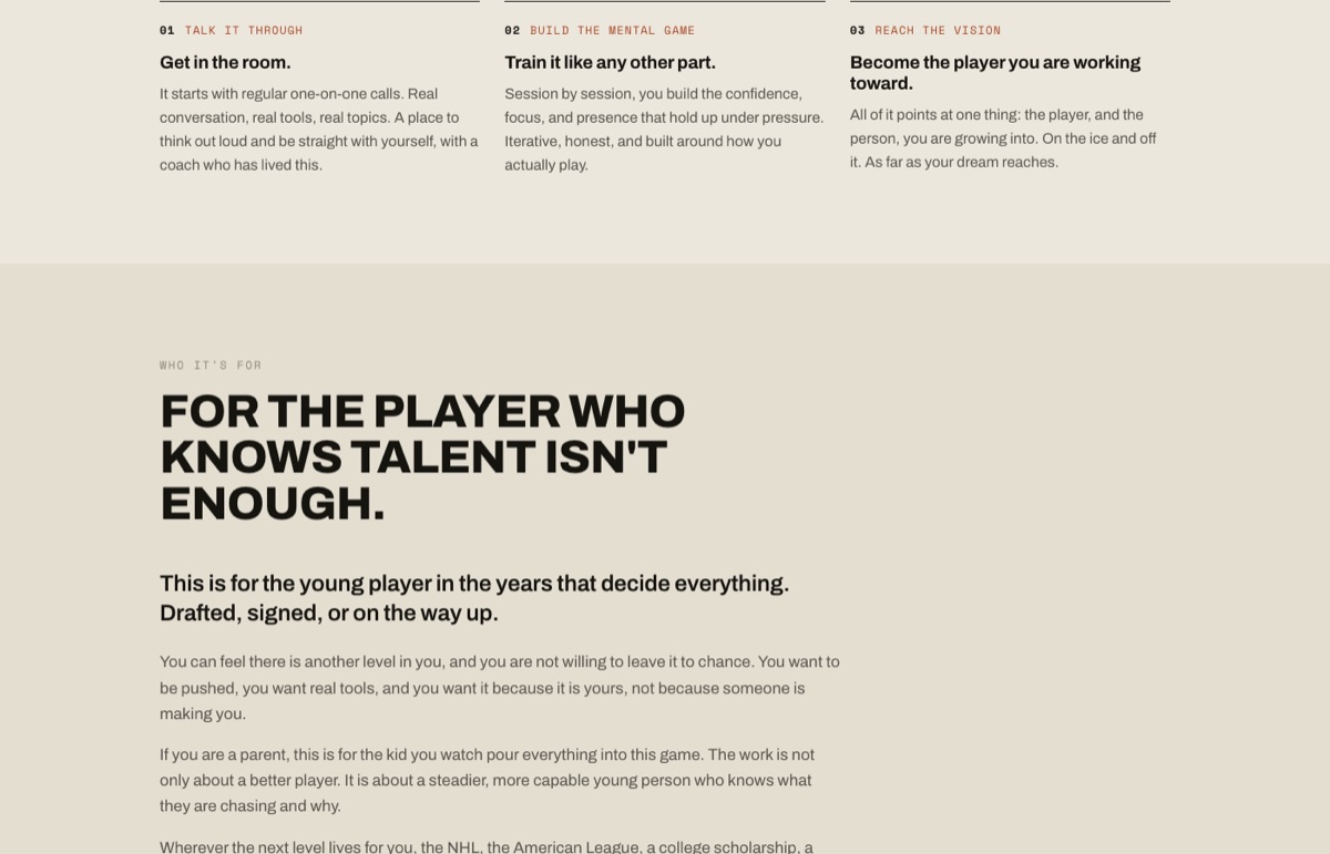 The Riley Stillman site: a hockey player carving ice beside the words The next level starts with your mind